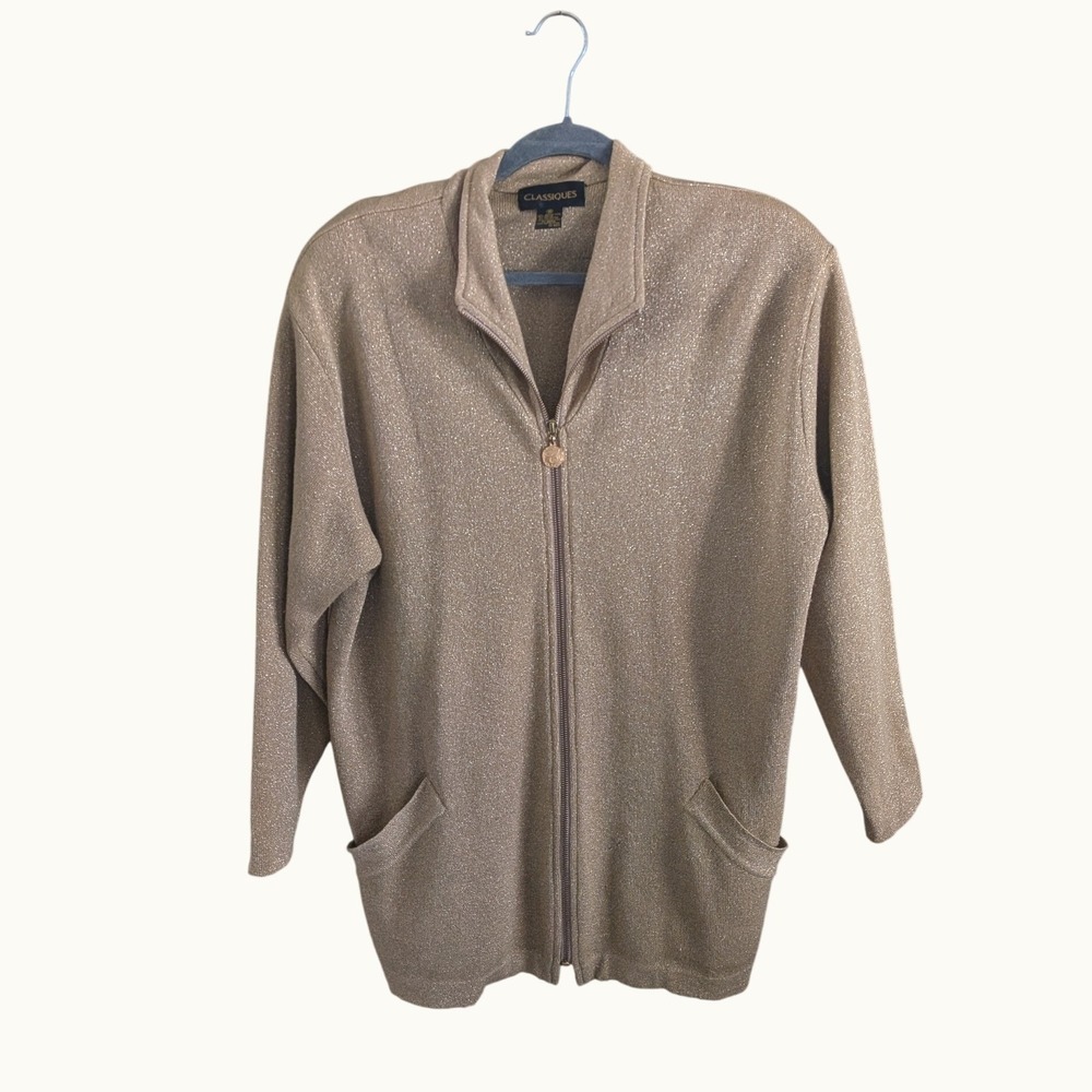 Classiques 90s Gold Metallic Merino Wool Blend Full Zip Cardigan Sweater Medium